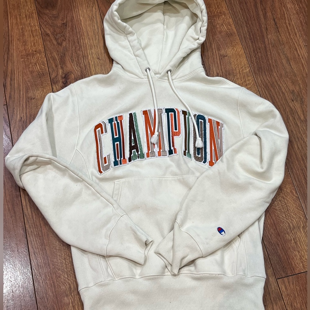 men's CHAMPION reverse weave cream embroidered hoodie size small sweatshirt